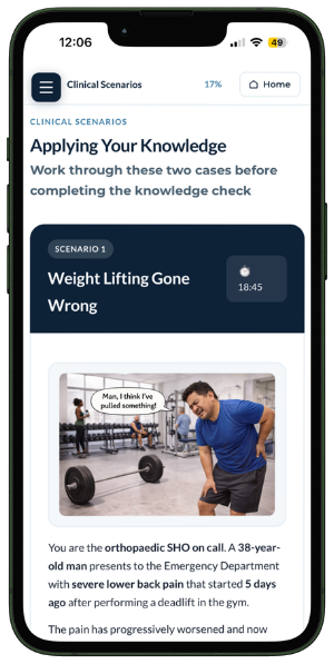 OrthoGuide on mobile — clinical scenarios