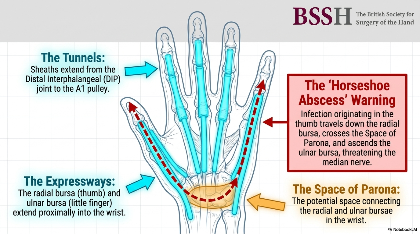 Horseshoe abscess — communication between the radial and ulnar bursae at the wrist