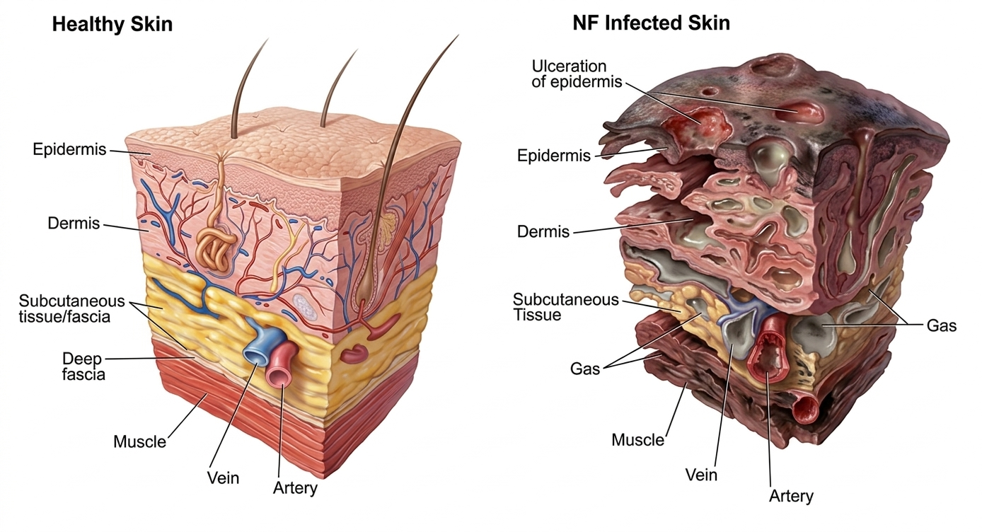 Layers of the skin and soft tissue relevant to necrotising fasciitis