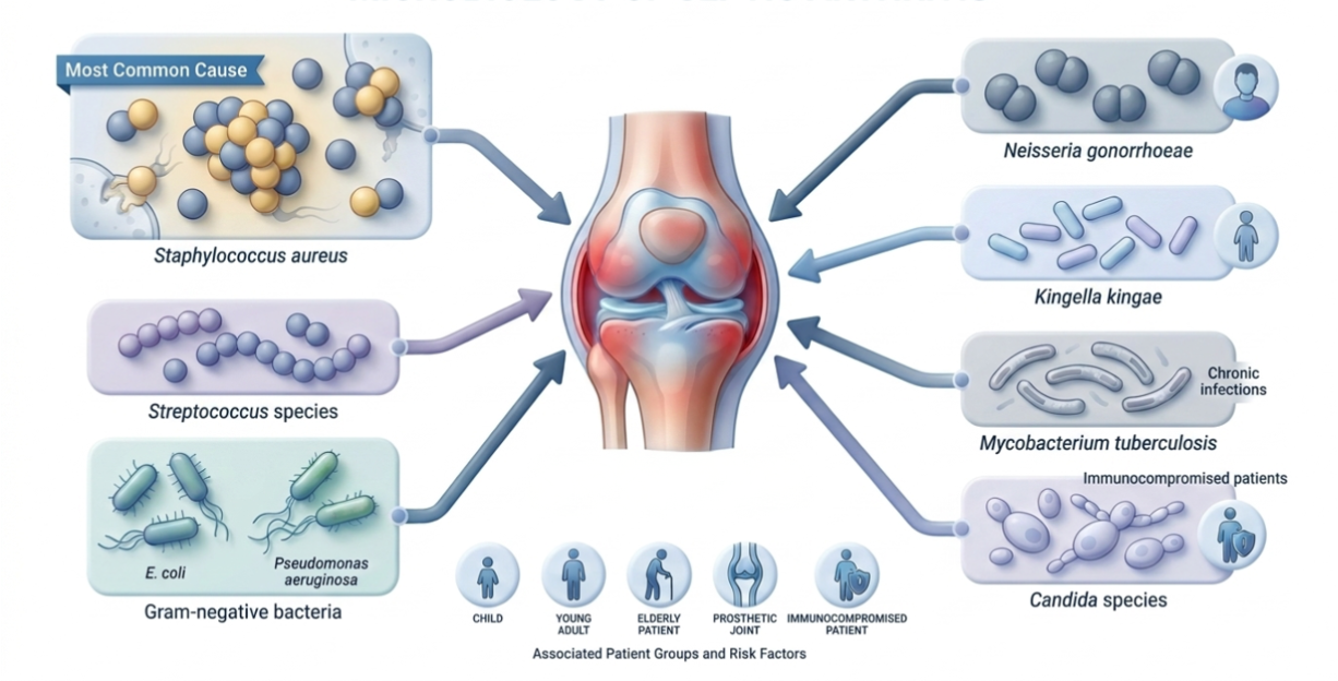 Micro-organisms that cause septic arthritis — Staphylococcus aureus, Streptococcus, Gram-negative bacteria, Neisseria gonorrhoeae, Kingella kingae, Mycobacterium tuberculosis and Candida species